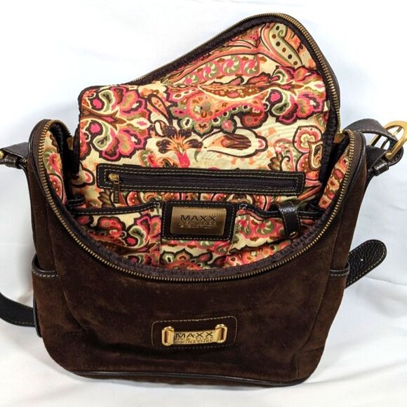 Maxx New York Signature Brown Suede Leather Shoulder Bag And Matching Wristlet - Picture 3 of 13
